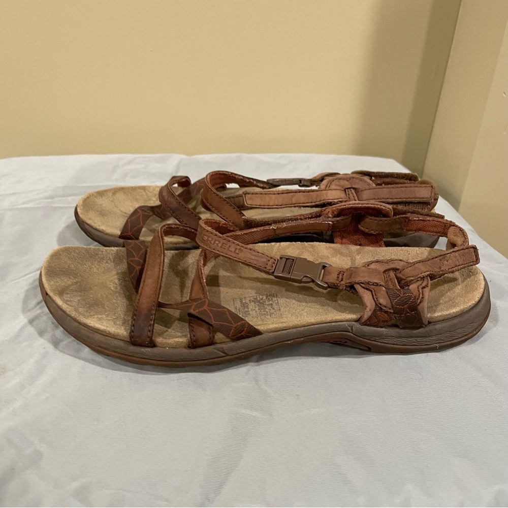 Merrell Sandals Women 8 Jacardia Dark Earth Strappy Brown Leather Casual J57606